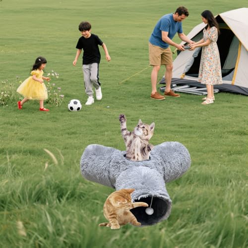 3-Way Collapsible Cat Tunnel Tube Toy Grey Plush - color: Grey Plush