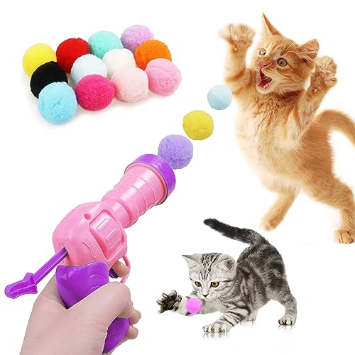 Mewlmart Interactive Cat Toys for Indoor Cats Pink Cat Pom Pom Balls Plush Ball Launcher Cat Fetch Toy Enrichment Toys 30 Balls - size: Pink 30 balls