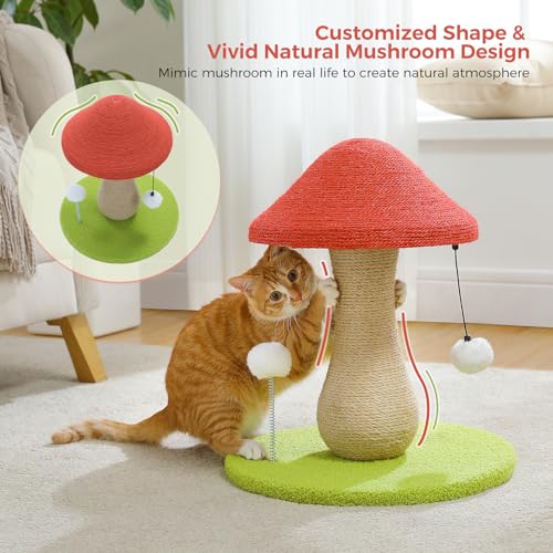 PETEPELA Mushroom Cat Scratching Post, 100% Sisal Cute Cat Scratcher, Pink - color: Red