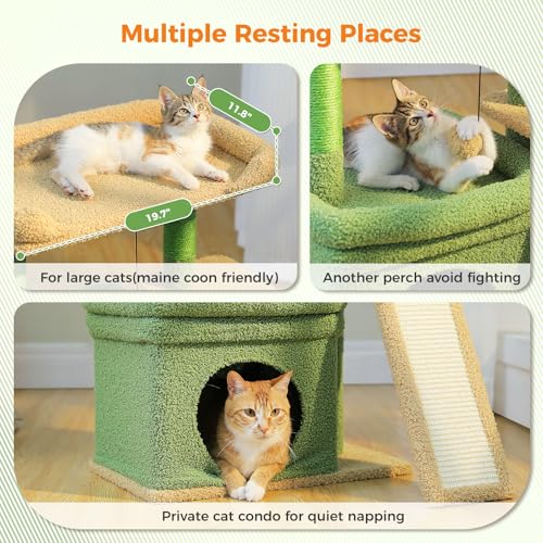 PEQULTI Small Cat Tree Tower for Indoor Cats with Large Perch, Green - color: Green, size: L Plus(19.3"L x 12.2"W)