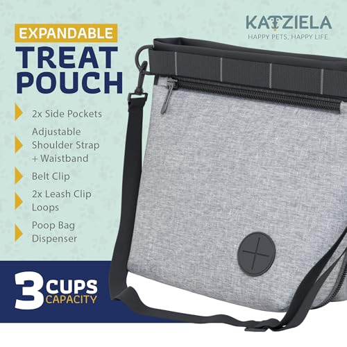 Katziela Expandable Pet Treat Pouch - Hands Free Dog Treat Pouch, Quick Access Magnet Closure - Anti Spill Dog Treat Bag - Treat Pouches for Pet Training, Adjustable Shoulder Strap & Belt Clip (Grey) - color: Grey