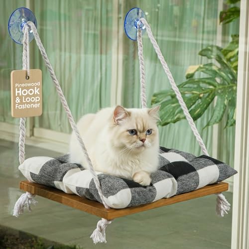 Cat Window Perch, Indoor Hammock Bed with Solid Pine Wood, 4 Industrial-Grade Suction Cups, Window Hammock with Soft Cushion for Cats, Space Saving Design - color: Black/white