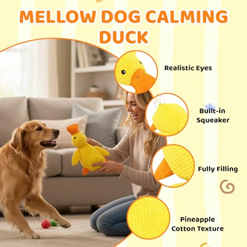1 PCS Calming Duck Toy for Dogs, The New Mellow Dog Calming Duck, Soft Plush Yellow Duck Dog Toy, Anxiety Relief for Pets, Quacking Sound for Indoor Dogs, 23x20 cm