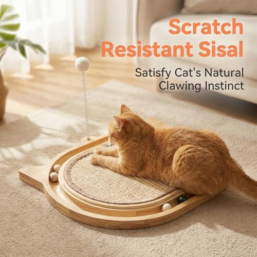 Cat Scratcher with Ball Track Feather,Sisal Scratch Pad for Cat Indoor Use,Cat Puzzle Toys Wooden Interactive Fit Kitten and Adult Cats,Indoor Entertainment Chasing Hunting Physical Exercise