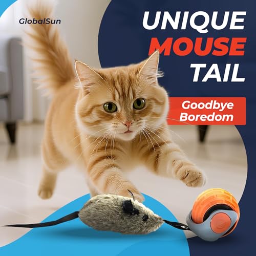 Interactive Cat Toy for Indoor Cats & Kittens – GlobalSun Speedy Tail 2.0 Motion Activated Automatic Cat Toy Ball – USB Rechargeable Moving Ball with 4 Tails Including Mouse for Enrichment
