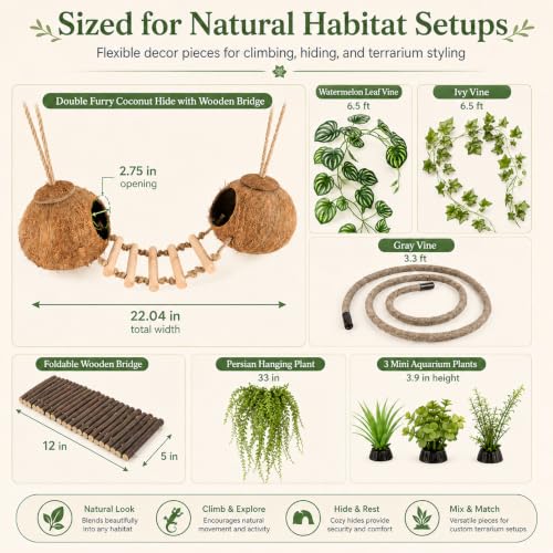 RUNANIA Crested Gecko Tank Accessories, Reptile Hanging Plants Vines with Natural Double Coconut Hideout & Climbing Ladder Decor for Hermit Crab Lizard Leopard Gecko Chameleon Snake Terrarium Decor - size: Large