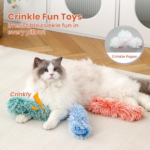 Cat Toys, 3 Pack Crinkle Catnip Pillow Toys for Indoor Cats - color: Blue Orange Green