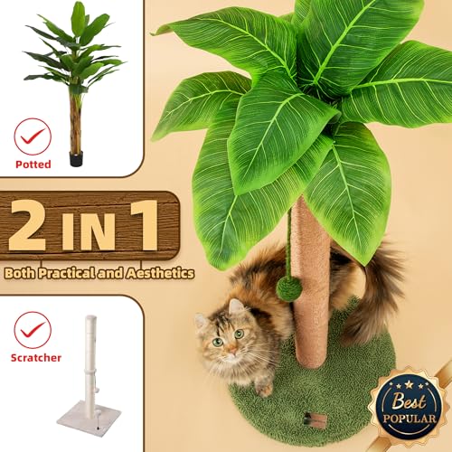 Meowoou Cat Scratching Post 33 Inch Tall Cat Scratcher for Indoor Cats Adults,Small Cat Tree Tower Sisal Rope Kitten Scratch with Interactive Hanging Ball - size: 33 in Green Post