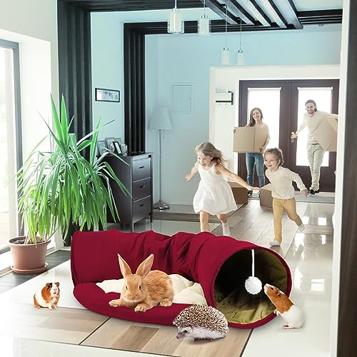 BWOGUE Bunny Tunnel Bed, 2-in-1 Collapsible Rabbit Tunnel Hideout with Mat - color: Red