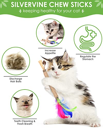 TINDTOP Silvervine Sticks for Cats with Natural Feather, Catnip Chew Toys - color: 3 Pack