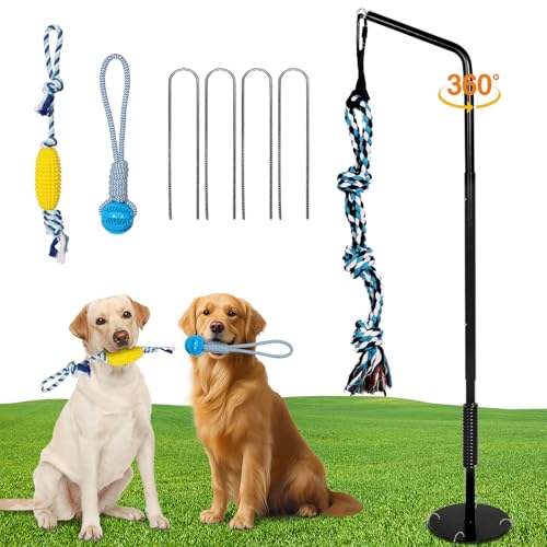 Tether Outdoor Dog Tug Toy for Small Dogs, 360° Rotating,3 Ropes & 4 Stakes
