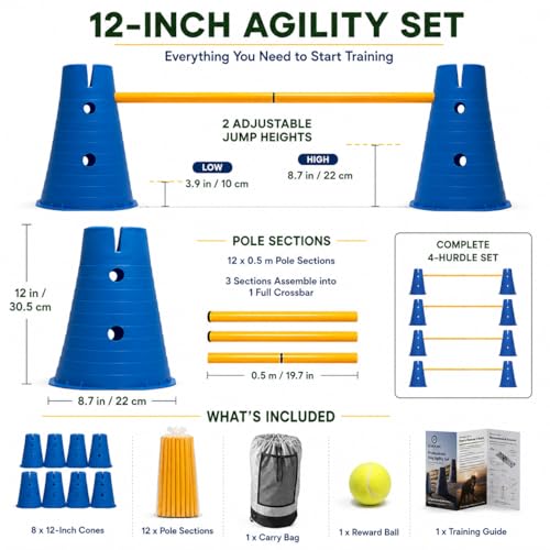 Dog Agility Equipment, 12-Inch Hurdle Set, 11.5 oz Weighted Cones - size: 12-Inch-Blue