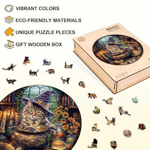 KAAYEE Wooden Puzzles for Adults Magic Feline Cat Jigsaw Puzzle 17.3*17.3in - color: Magic Feline Cat, size: X-Large