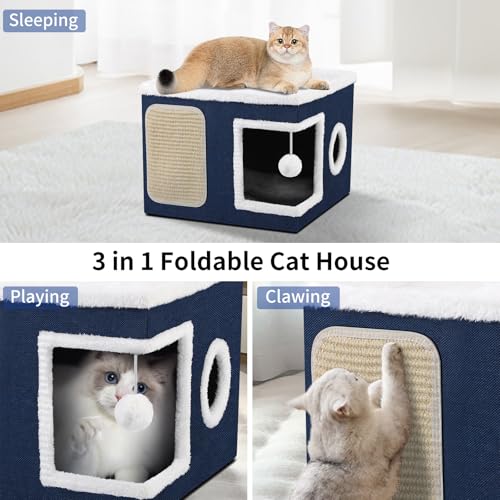 Shikha Cat House Bed for Indoor Cats with Fluffy Ball and Scratch Pad Blue - color: Blue, size: Large