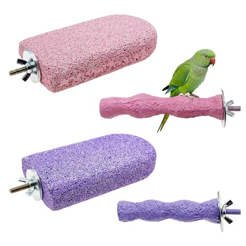 Pet Teeth Grinding Stone and Perch, Bird Perch Stands, Natural Chewing Toys for Small Medium Birds Budgies Conures Cockatiels Rats, Purple and Pink - color: Purple and Pink, size: Big