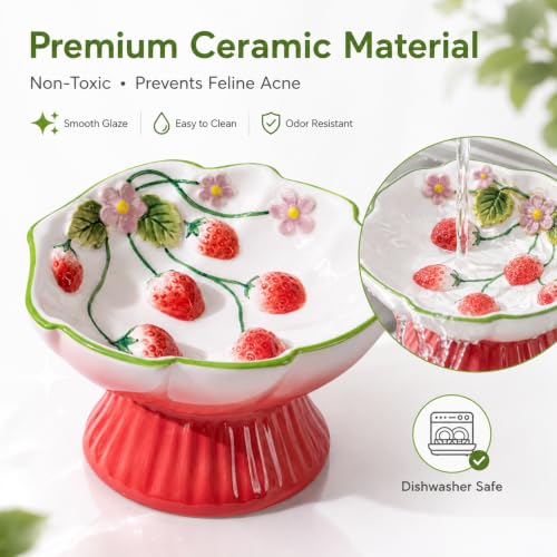 Ceramic Slow Feeder Cat Bowl, Cute Strawberry Elevated Cat Bowl for Wet & Dry Food, Raised Ceramic Cat Food Bowl with Whisker-Friendly Wide Shallow Design, Slow Feeder for Slower Eating