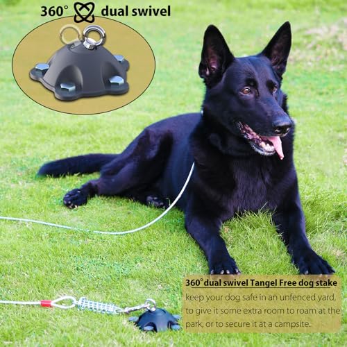 Patented 360° Swivel Dog Tie Out Stake Dog Anchor for Small to Large Dogs Up to 150lbs - Dog Yard Leash Stake with 5 Strong Tether Holds 1000lbs of Pull Force (Stake with 20ft Cable) - size: stake with 20ft cable