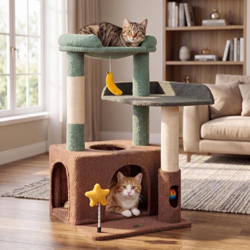 Small Cat Tree for Kittens, 30" Compact Cat Tower with Wide Base - color: Olive Green