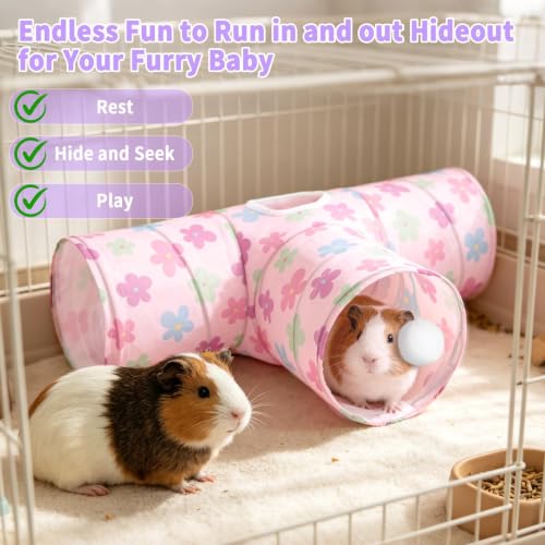 Rypet Guinea Pig Tunnel Hideout 3-Way Collapsible Small Pet Tubes, Pink - color: Flower