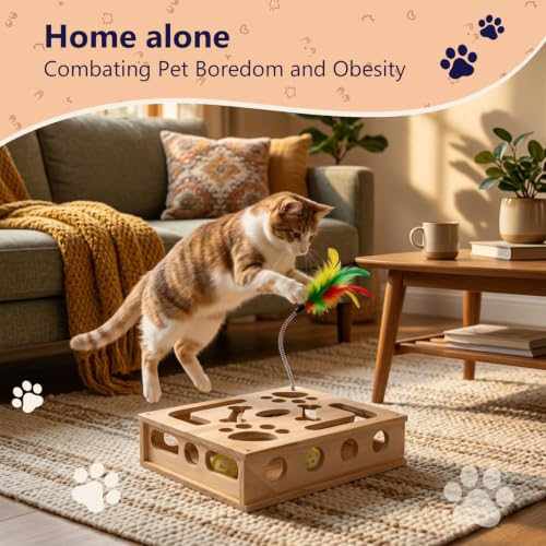 Wooden Cat Scratch Puzzle Enrichment Box,Interactive Cat Slow Feeder Maze Puzzle Toy,Durable Mental Stimulation Enrichment Toy.Relieve Boredom & Reduce Destructive Behaviors - style: Regular 9.8×11.8 IN
