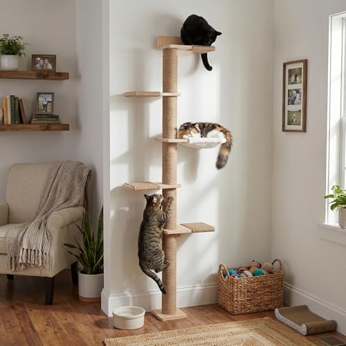 Tall Cat Tree, 5 Tier Floor Cats Tower, Wall-Mounted Kitten Sisal Scratching Post, with Cozy Hammock, Suitable for Climb, Scratch, Lookout and Play (Wall-Mounted) - size: Wall-Mounted