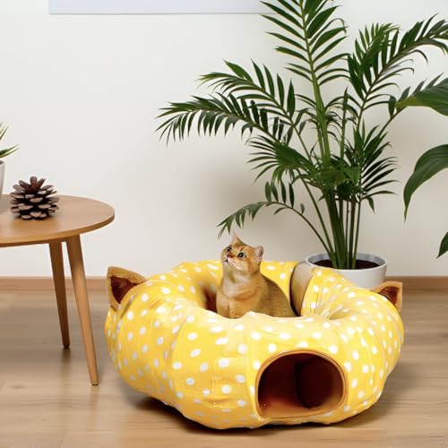AUOON Cat Donut Tunnel with Bed for Kitten Puppy Rabbit Ferret, Yellow - color: Yellow