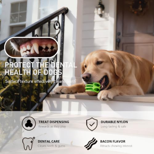MECOOL 2PCS Durable Dog Chew Toys, Squeaky Chew Ball & Treat Dispensing Toy, Tough Nylon Ends & Natural Rubber for Aggressive Chewers, Interactive Puzzle Toys for All Breed Dogs,Bacon Flavored,Green - color: Green