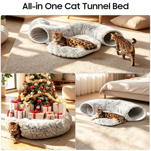 Cat Tunnel Bed for Indoor Cats, Peekaboo Cat Cave Donut Bed & Play Tunnel