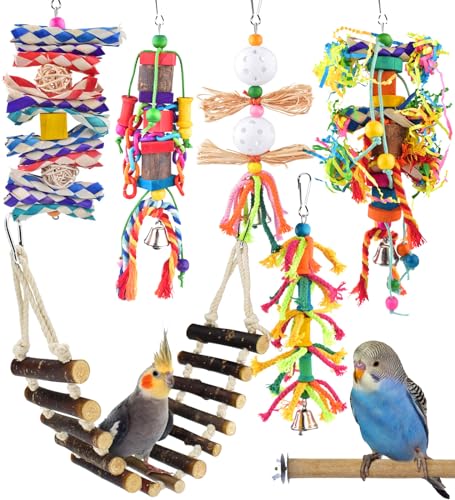 KATUMO Bird Toys, Parakeet Swing Parrot Ladder Cockatiel Perch Conure Hanging Bell Toys for Parakeet Conure Cockatiel Mynah Love Bird Small Birds - style: Burlywood ladder set (7 IN 1)