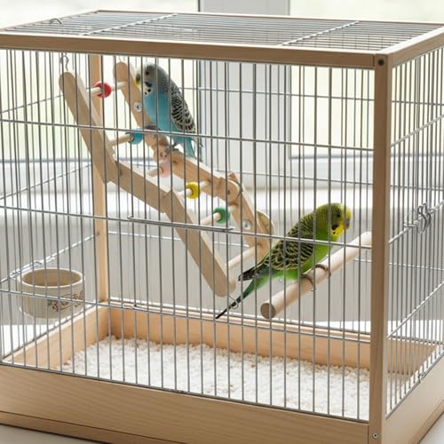 2 Pack Bird Ladder Toy, Natural Wood Parrot Climbing Bridge with Colorful Beads and Hanging Hooks, Bird Cage Accessories for Parakeets Budgies Cockatiels Lovebirds Small Parrots