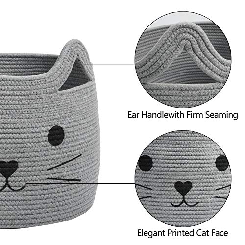 Large Woven Rope Cat Toy Basket with Cat Face Design, Grey - color: Gray, size: 15.7"W x 11.8"H