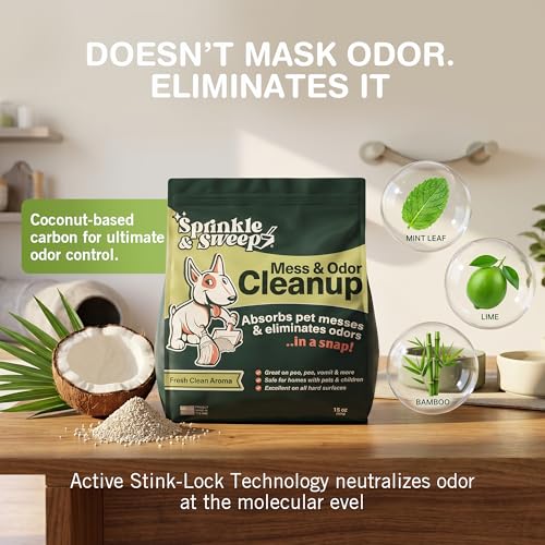 Sprinkle & Sweep: Pet Mess & Odor Cleanup Duo - 15oz Bag & Dustpan Broom - Dog Accident Clumping Powder, Remove Urine-Poop-Vomit from Hard Services - style: 1 Bag + Sweeper Kit