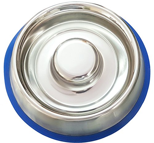 Mr. Peanut's Stainless Steel Interactive Slow Feed Dog Bowl with a Blue Base, Fun Healthy Bloat Stop Feeder (Large) - size: Large