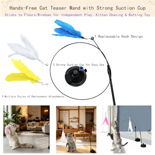 Suction Cup Cat Teaser Wand, 8-Piece Interactive Cat Feather Toy Set, 2 Wands + 6 Replaceable Refills, Detachable Steel Wire & Wooden Handle for Indoor Cats