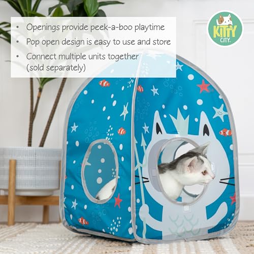 Kitty City Ocean-Themed Pop-Up Cat House, Collapsible Indoor Cat Hideout with Peekaboo Openings, Lightweight Foldable Kitty Play Furniture for Play & Lounging