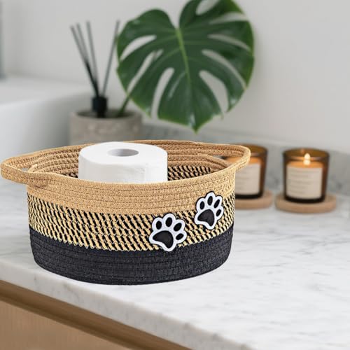 Small Woven Cotton Rope Nursery Organizer Bins, Dog Toy Basket Bins with Handle, Cute Empty Pet Gift Storage Baskets with Paw - color: Khaki-Black