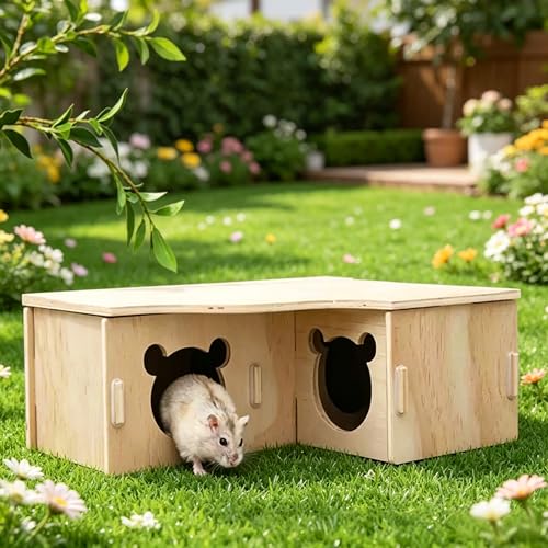 Multi-Chamber Hamster House Maze, 3-Room Hideouts, Wooden Hamster Maze & Tunnel Exploring Toys, Dwarf Hamster House Habitats Decor for Hamster Mice Gerbils Lemmings