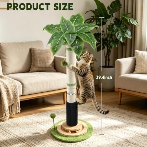 39.4'' Tall Cat Scratching Post,3.5 Inch Wide Sisal Cat Scratcher Tree with Leaves,Interactive Cat Toys for Indoor - color: green-39.4inch