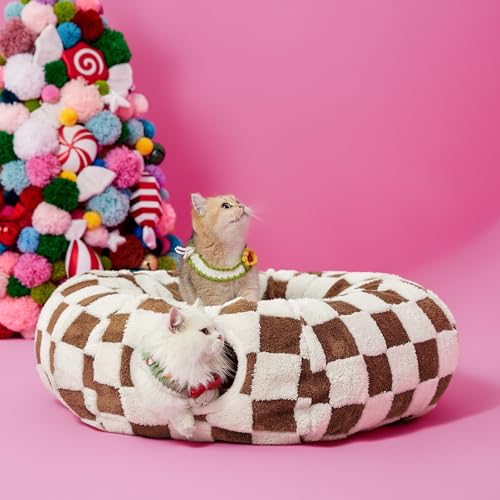 Lesure Donut Cute Jacquard Cat Tunnel Bed Kitten Toys for Puppy Bunny - color: Brown Checks, size: Standard (33.5"L x 33.5"W x 10"H)