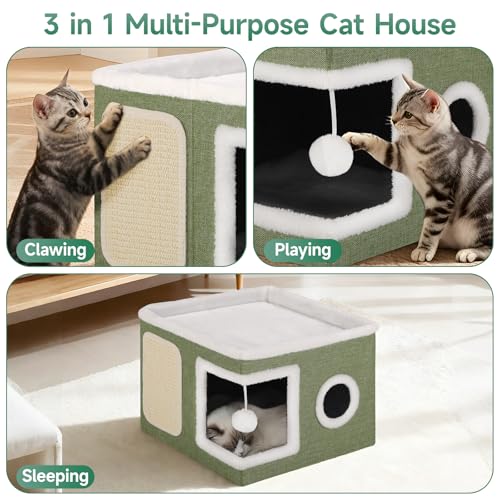 Shikha Cat House Bed for Indoor Cats with Fluffy Ball and Scratch Pad Green - color: Green, size: Large