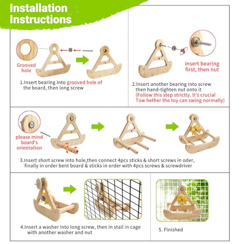 Bird Perch Toys, Wooden Bird Swing with Spinner Rattle, Cage Accessories for Budgies, Cockatiels, Lovebirds, Quaker, Parakeet, Small to Medium Birds