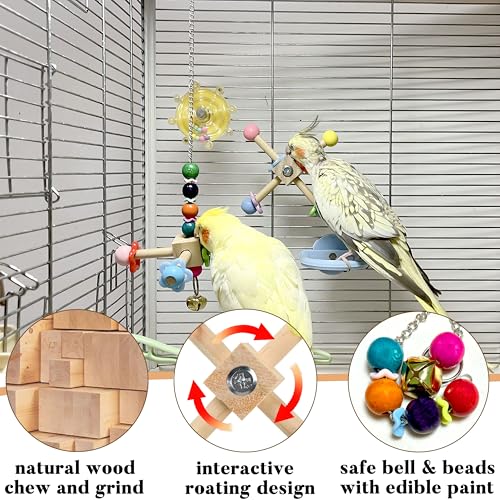 2Pcs Bird Foraging Toys Puzzle, Bird Slow Feeder Mats, Interactive Parrot Foraging Toys & 2pcs Bird Spinner Toys for Parrots with Bells, Natural Wood Parakeet Toys Noise for Cage