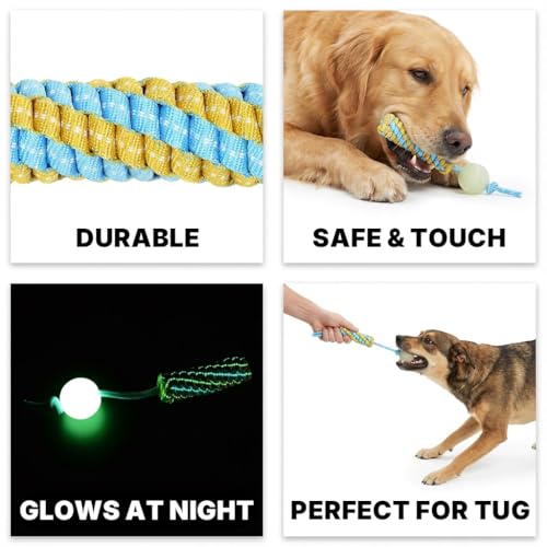 Knot Rope Dog Chew Toys, Glow in the Dark Dog Tug Toy with queaky Ball - color: Comet Ball