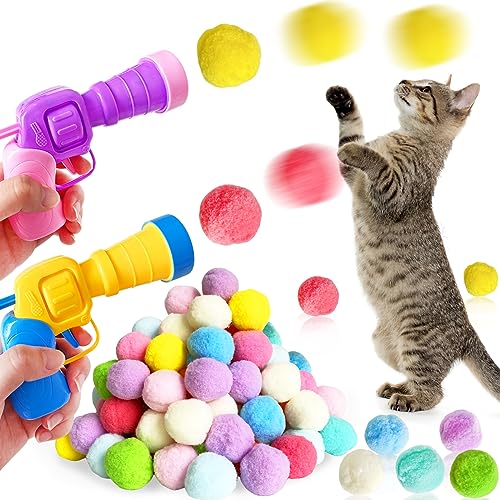 2 Cat Toy Launchers & 100 Cat Pom Pom Balls,Interactive Cat Toys - color: Colorful