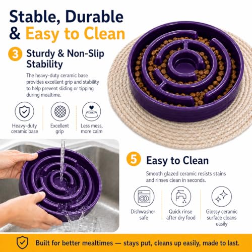 Ceramic Slow Feeder Dog Bowl, 1.5 Cup Puzzle Dish for Small Medium Dogs - color: Ceramic-Purple