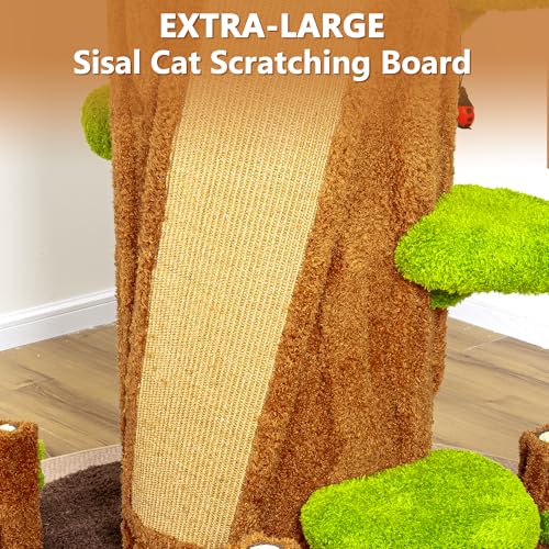 91" Tall Cat Tree for Indoor Cats, KAMABOKO Large Cat Tower with 6 Luxury Cat Condo, Soft Cushion, Scratching Board, Plush Platform & Top Perch, Magic Forest Series, Green - color: mint green
