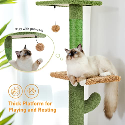 PAWZ Road Cactus Floor-to-Ceiling Cat Tree 5-Tier Cat Tower with Hammock - color: Green, size: Free Stand
