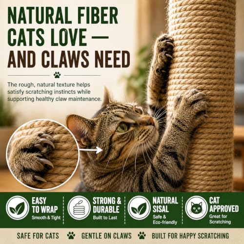Sisal Rope for Cat Tree 1/4 Inch x 50 ft Replacement Twine - size: 1/4" × 50FT