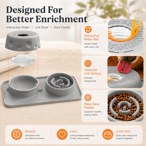 2 in 1 Silicone Slow Feeder Dog Bowl & Lick Bowl,Pet Feeding Bowl - color: Gray