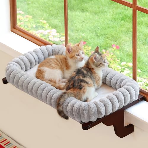 Zakkart SnugCloud Cat Perch for Windowsill (Dark Stained Wood/Gray, L) - color: Dark Stained Wood w/ Gray Bed, size: Large (25"x15")